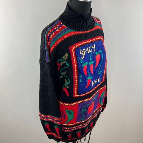 VINTAGE Karen Scott HandKnit SPICY HOT Black Long Sleeve Mock Pullover Sweater L - Picture 4 of 9